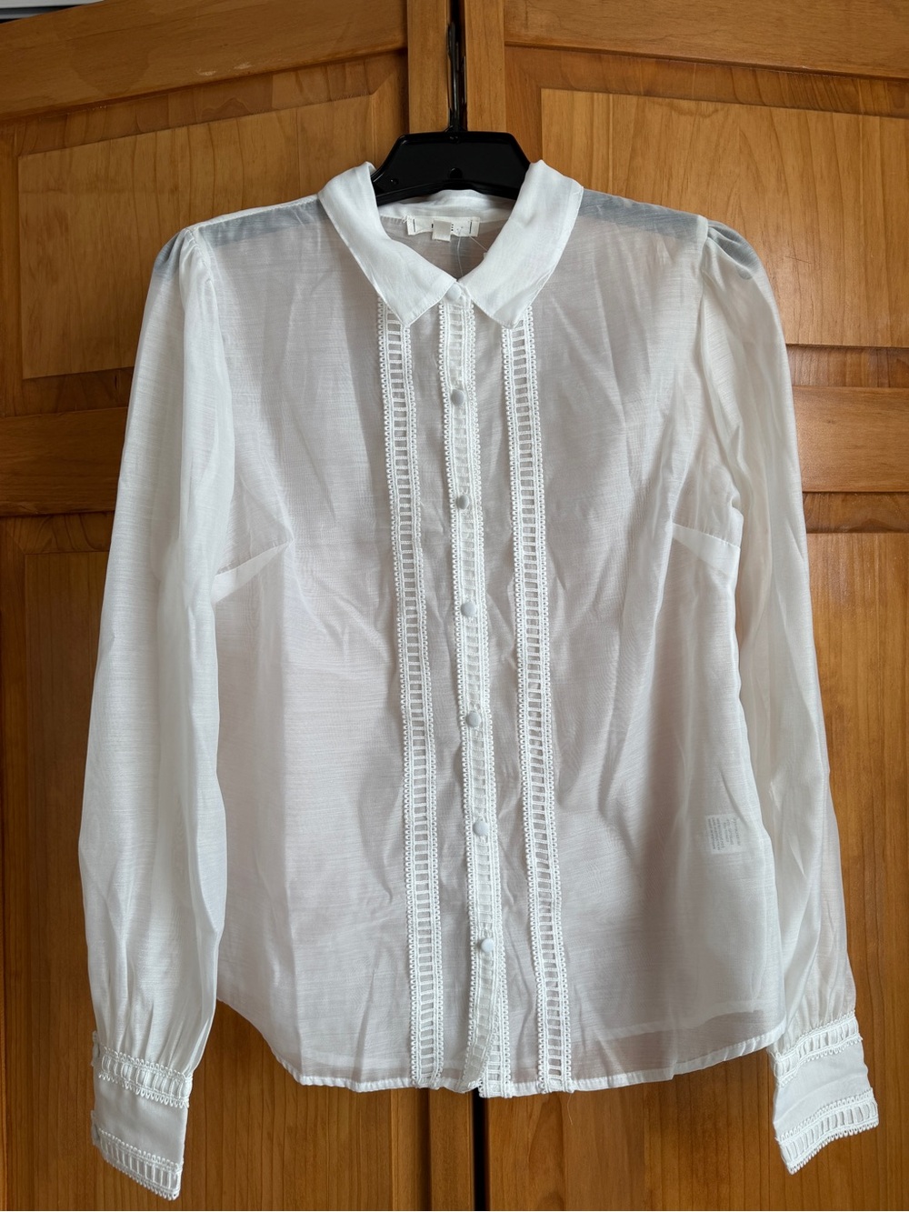 mine White Sheer Button-Front Lace-Trim Blouse NWT L